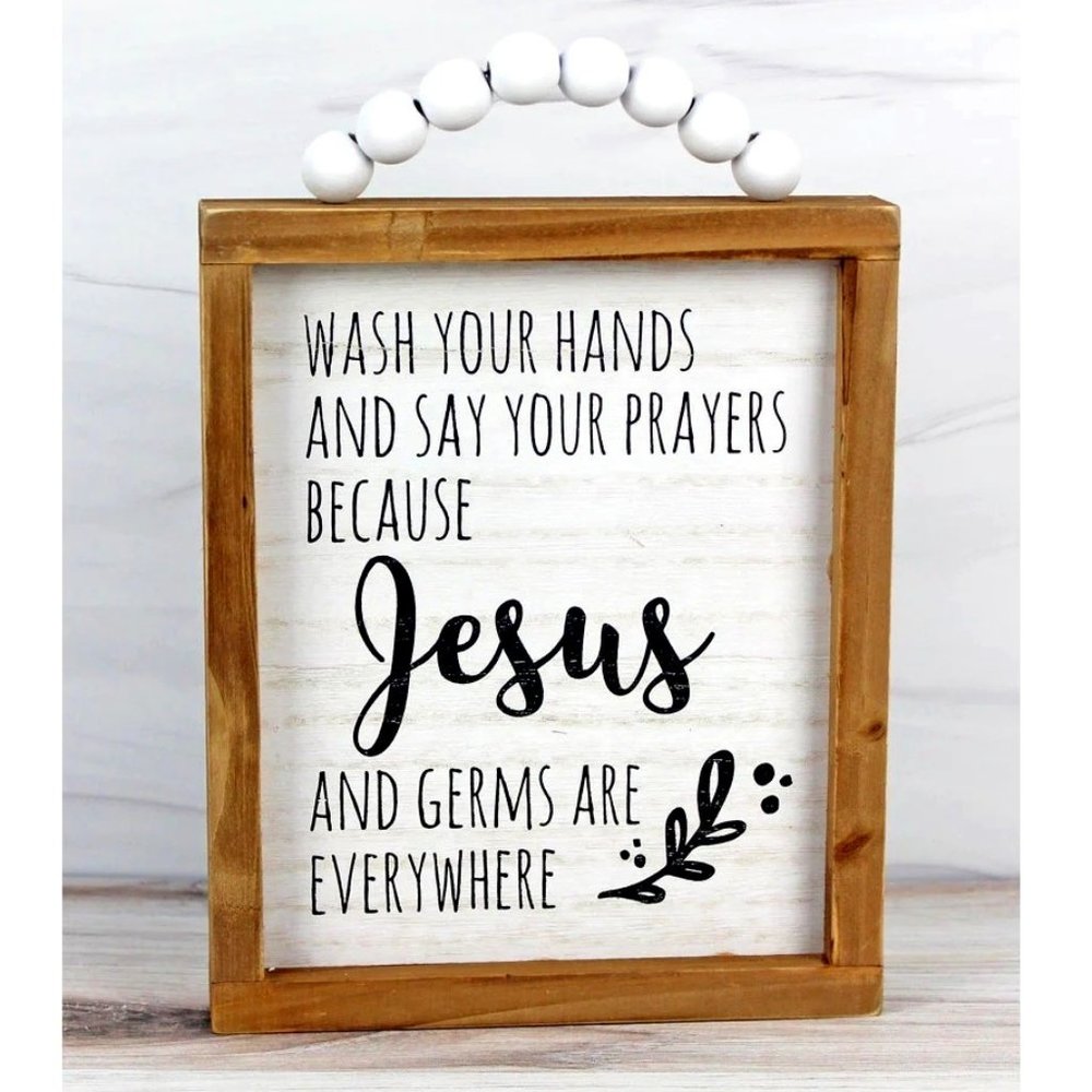 Sign. Wash Your Hands...Jesus & Germs. Wood Beaded. Wall or Freestanding Decor.